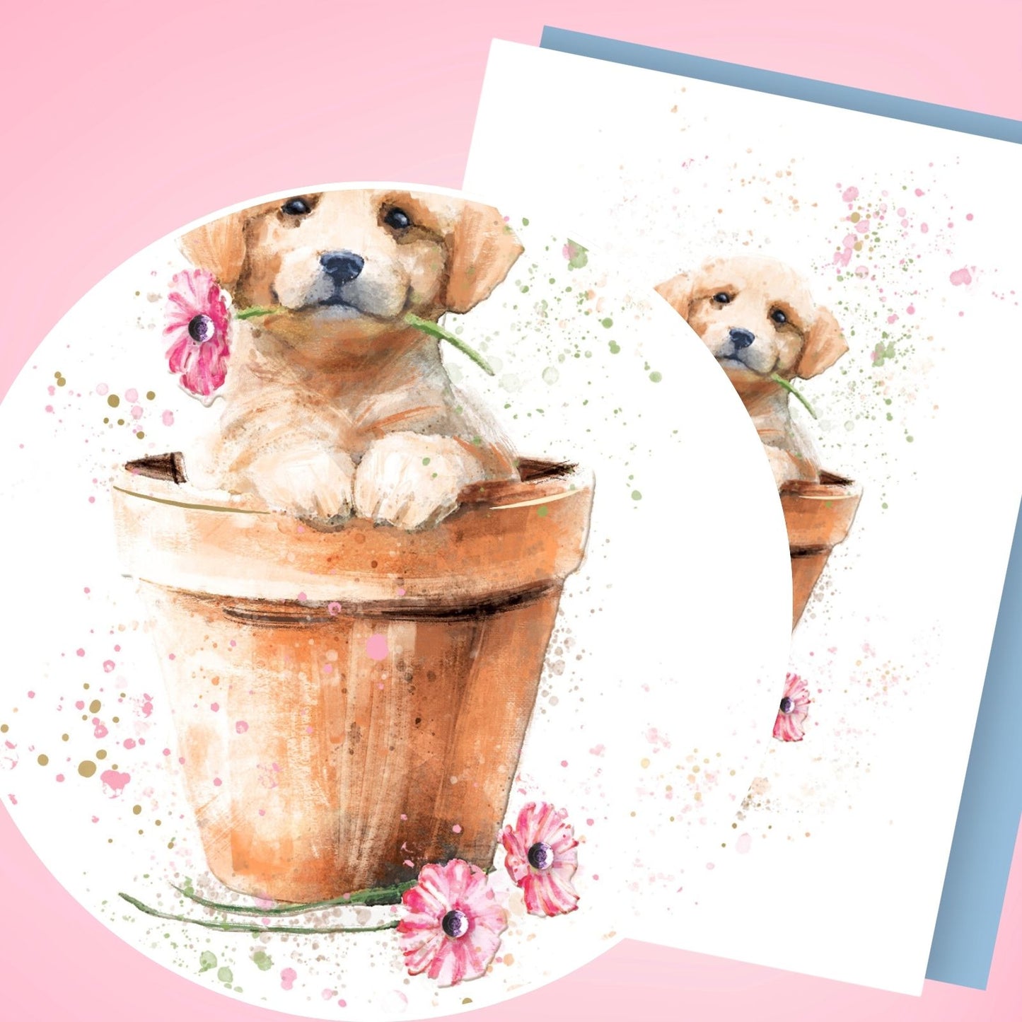 Hand-Finished Watercolour Puppy Greeting Card Embellished Blank For Any Occasion