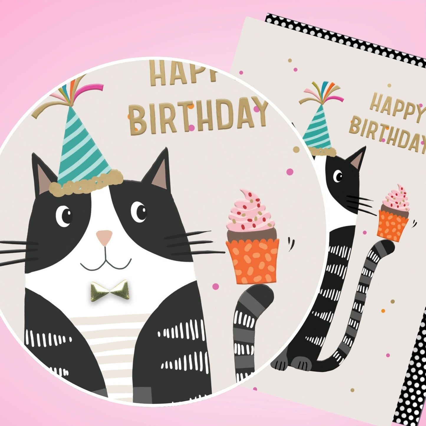 Hand-Finished Happy Birthday Cat Holding Cupcake Birthday Card Kitty Cake Party
