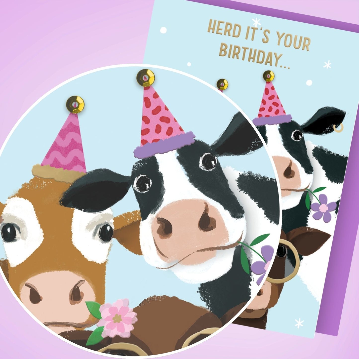 Hand-Finished Party Cows Birthday Card Herd It's Your Birthday Funny Card