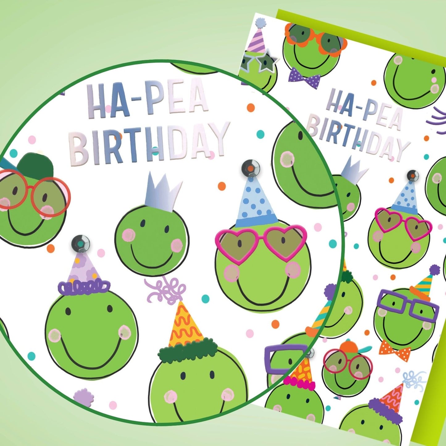 Hand-Finished Ha-Pea Birthday Greeting Card Happy Peas In Party Hats Celebration
