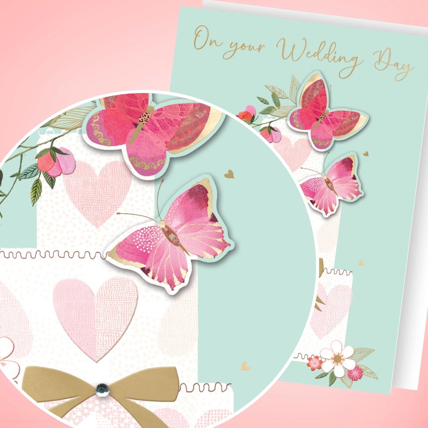 Hand-Finished Wedding Card Embellished Cake & Butterflies On Your Wedding Day