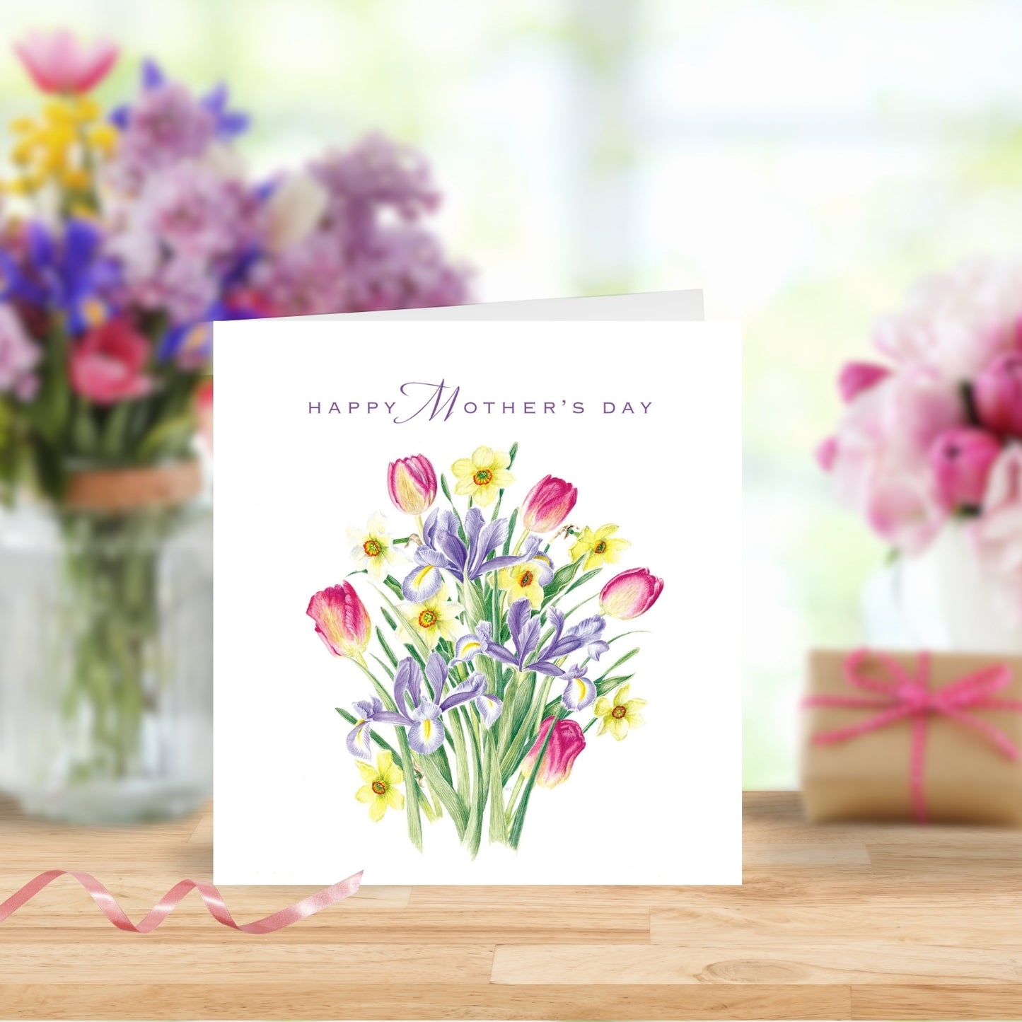 Happy Mother's Day Tulips, Irises & Narcissi Bouquet Illustrated Greeting Card