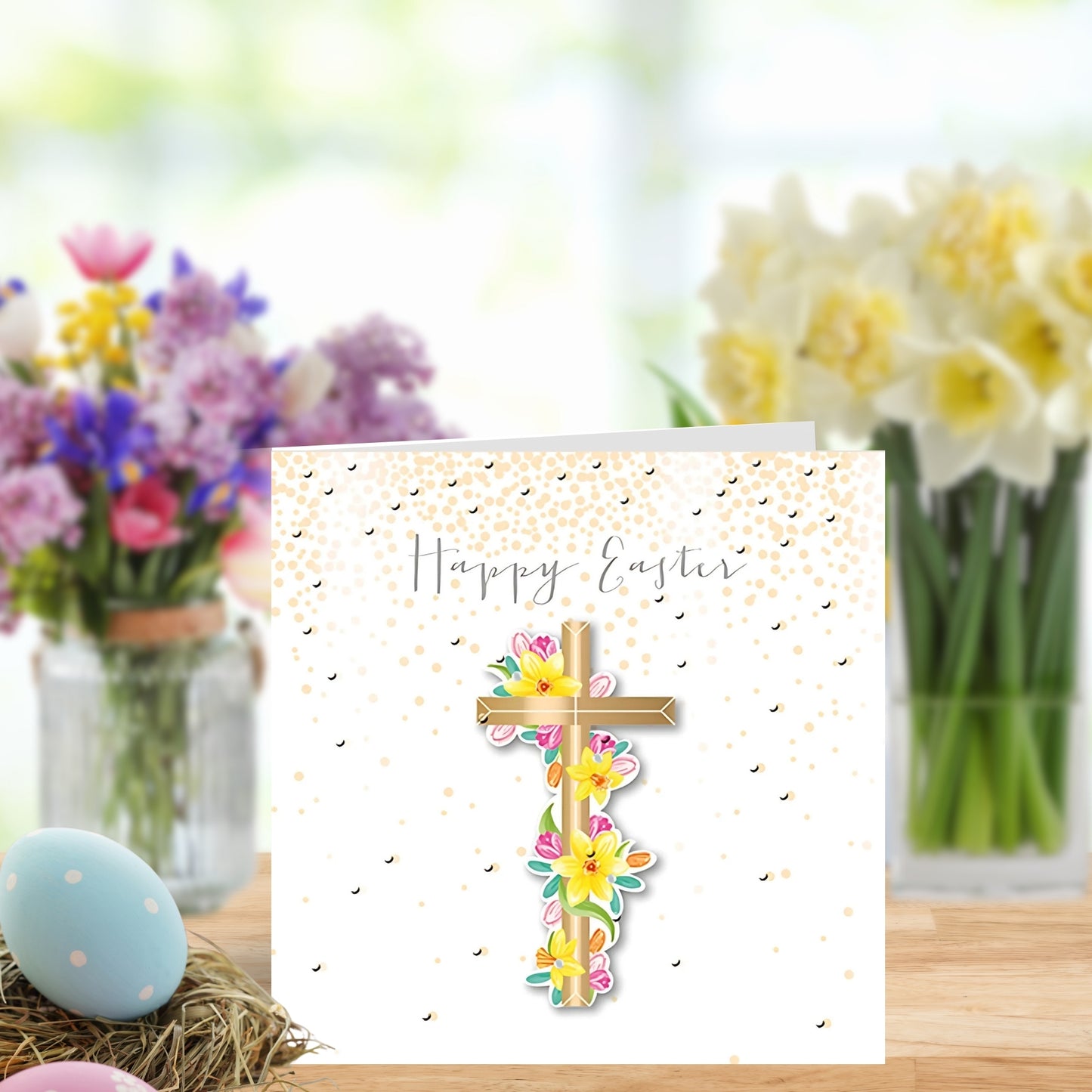 Cross & Flowers Happy Easter Greeting Card