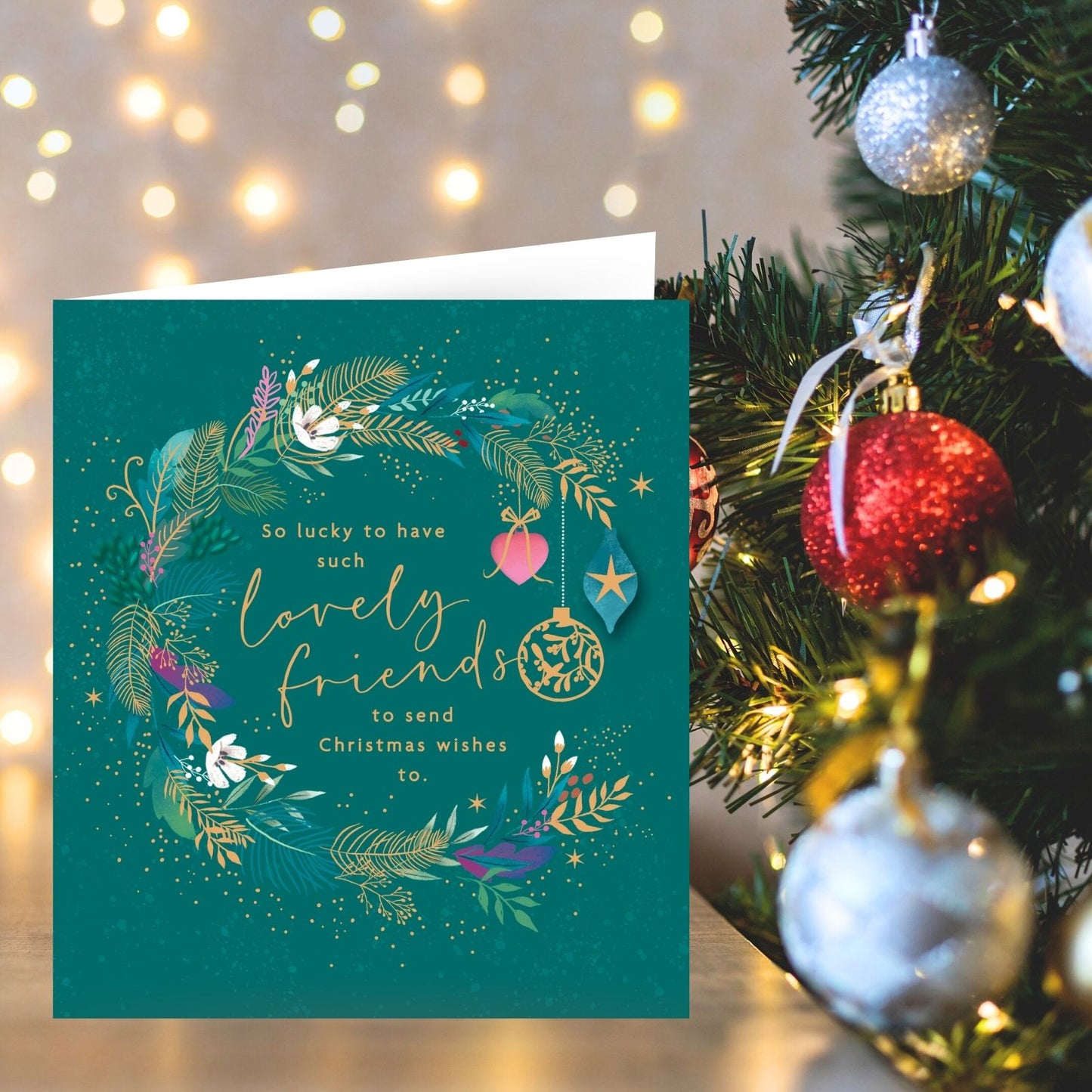 Friends Christmas Card Lucky To Have Such Lovely Friends Wreath Xmas Greetings