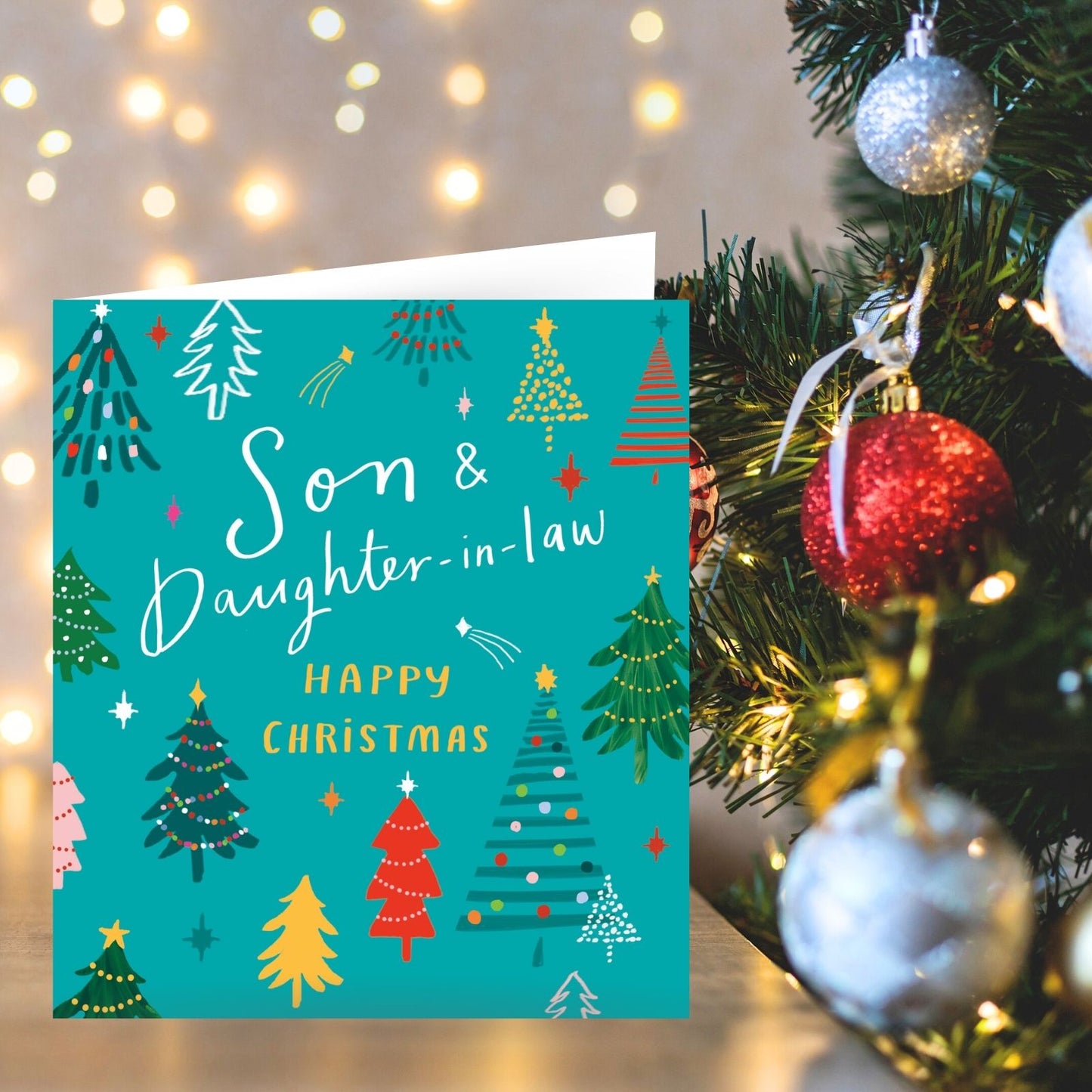 Son & Daughter-In-Law Christmas Card Artistic Festive Trees Xmas Greetings