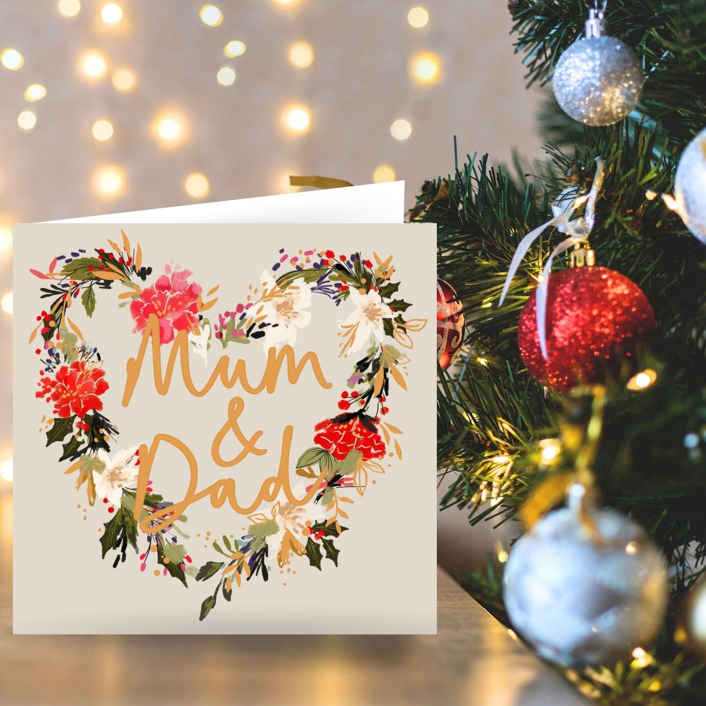 Mum & Dad Christmas Card Gold Foiled Festive Heart Wreath Xmas Greetings