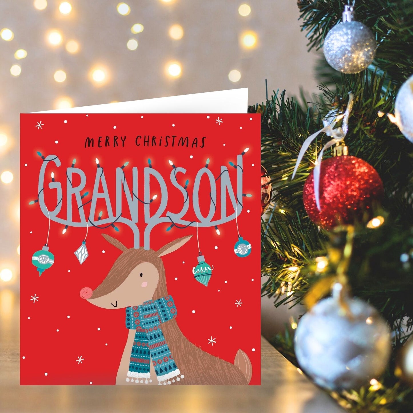 Grandson Christmas Card Merry Christmas Foiled Reindeer Antlers Xmas Greetings