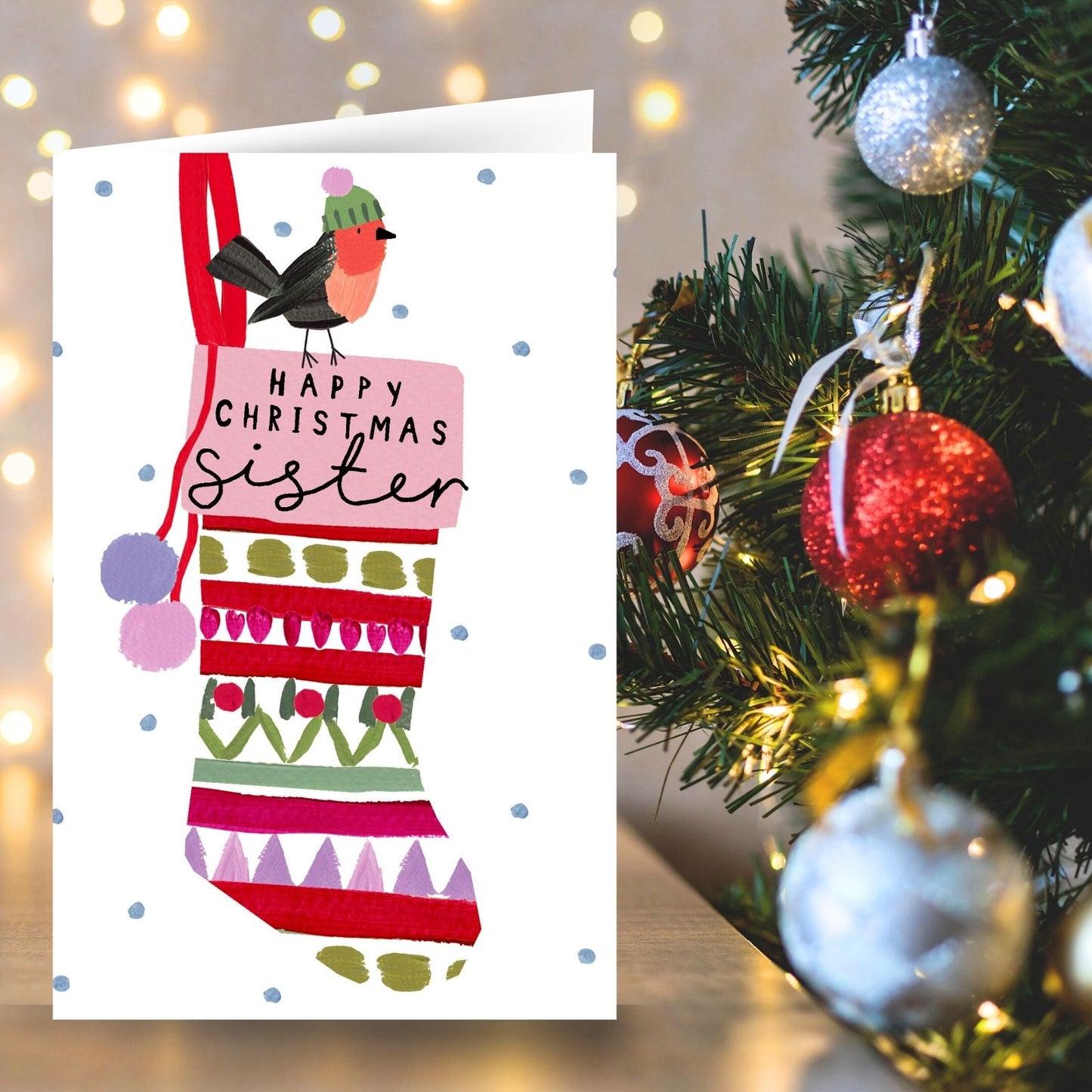 Sister Christmas Card Artistic Robin & Stocking Kindred Art Range Xmas Greetings