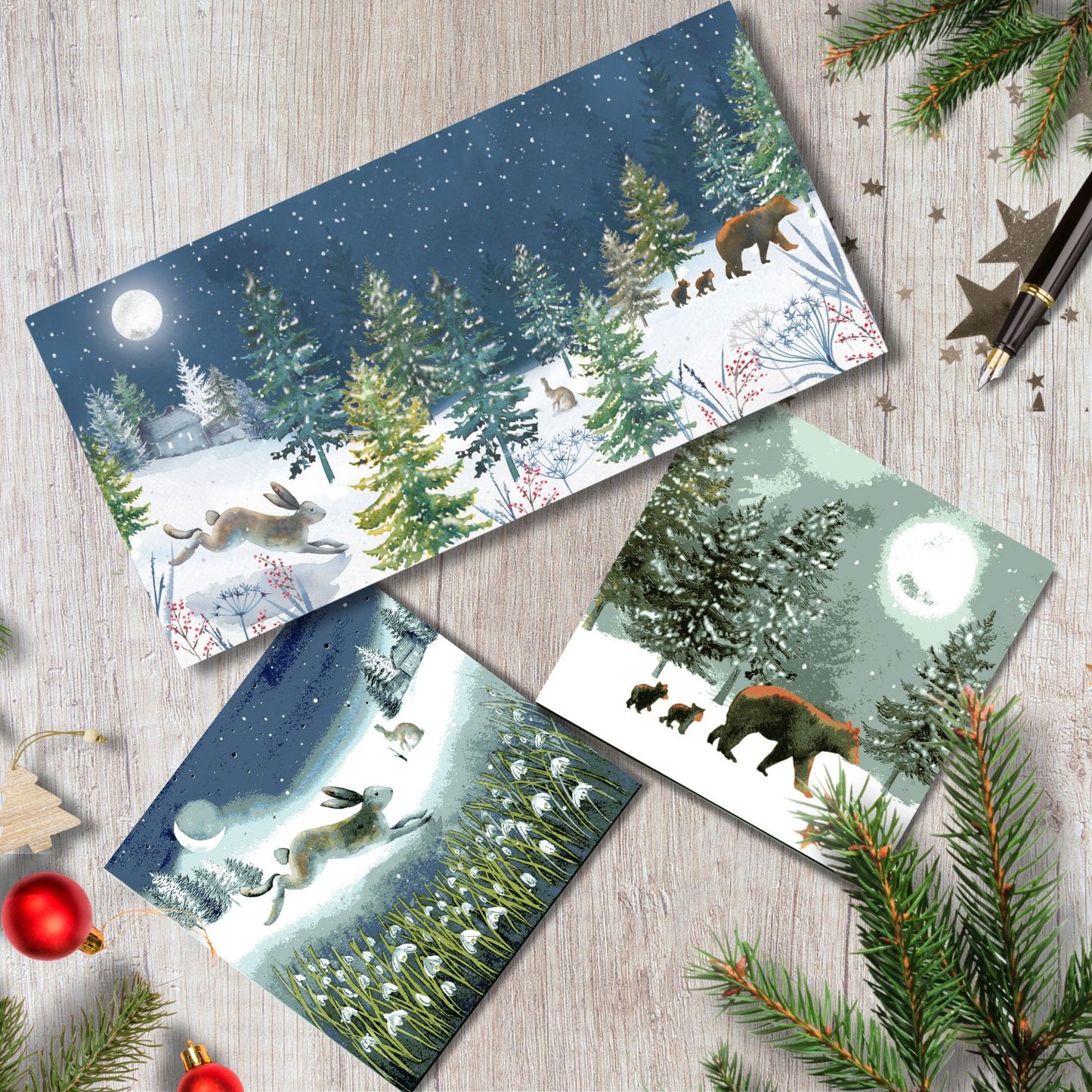 Box Of 10 RSPCA Charity Hare & Bears Christmas Cards In 2 Designs