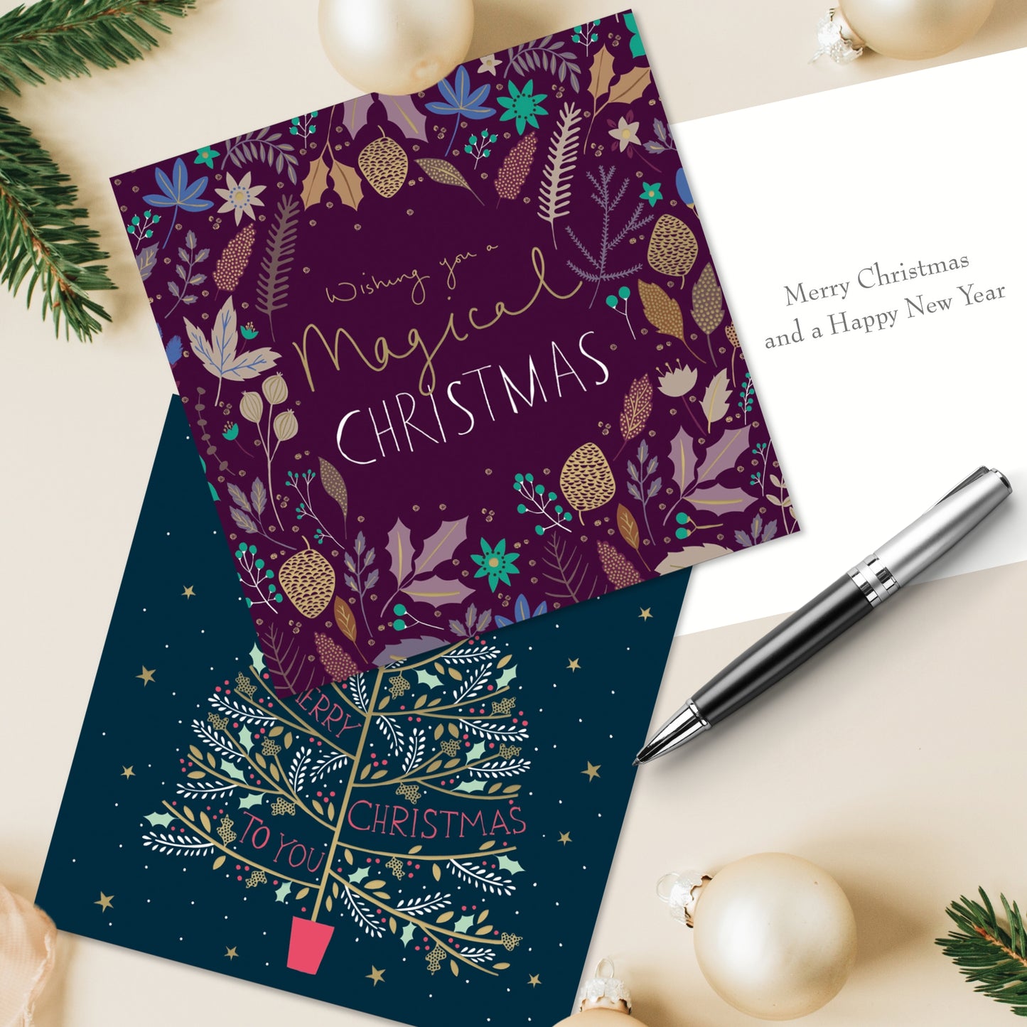 Box of 10 Christmas Cards In Xmas Tree & Leaf Designs