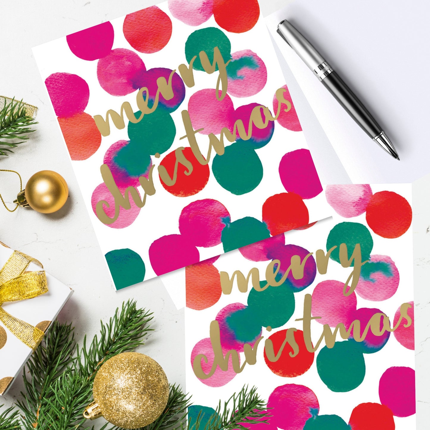 Box of 8 Christmas Cards In Polka Dot Merry Christmas Design
