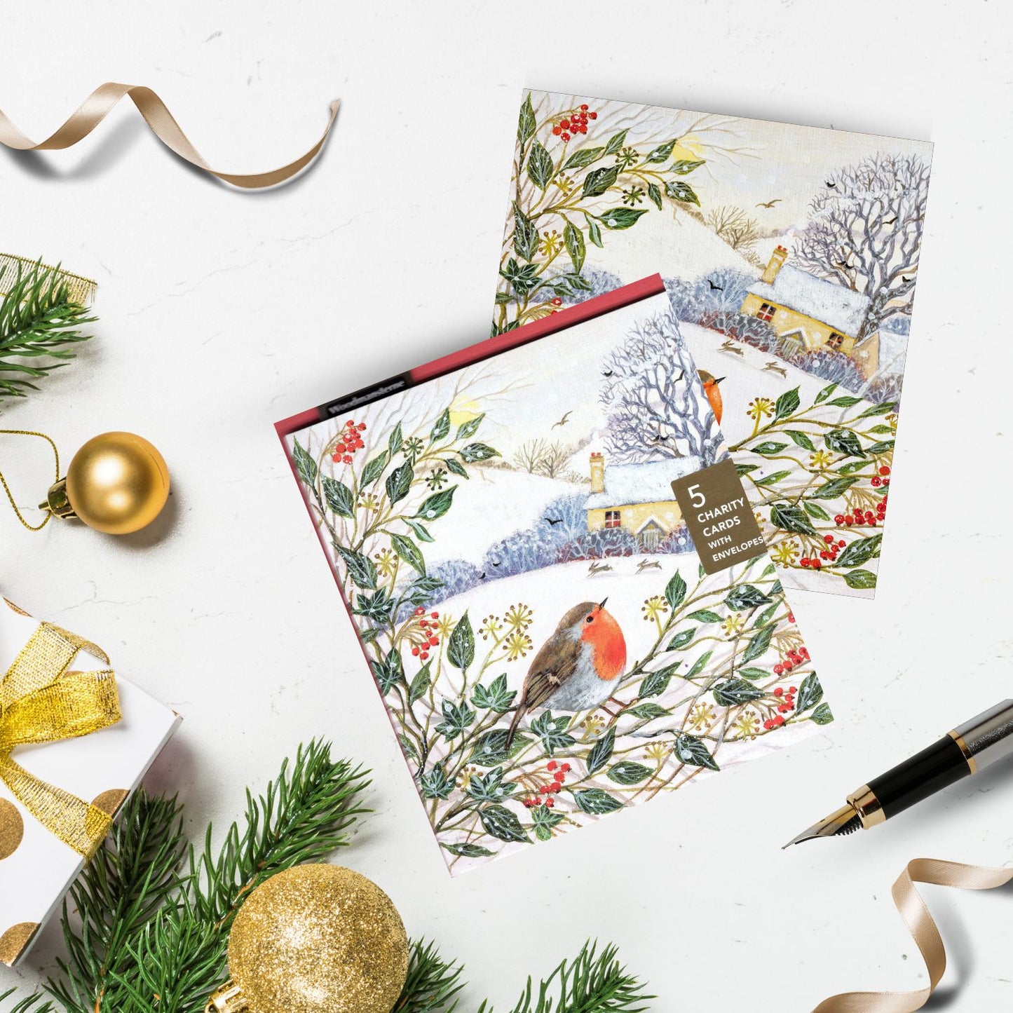 Pack Of 5 Merry & Bright Robing In Cottage Garden Charity Christmas Cards