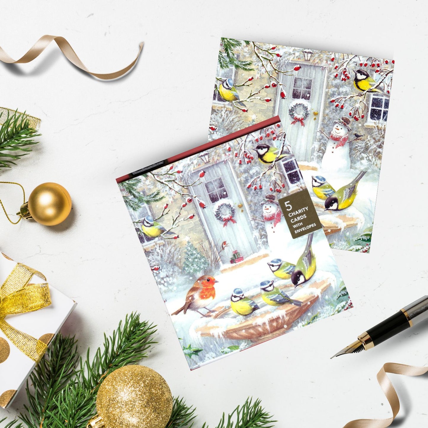 Pack Of 5 Delights Of December Snowman's Bird Party! Charity Christmas Cards