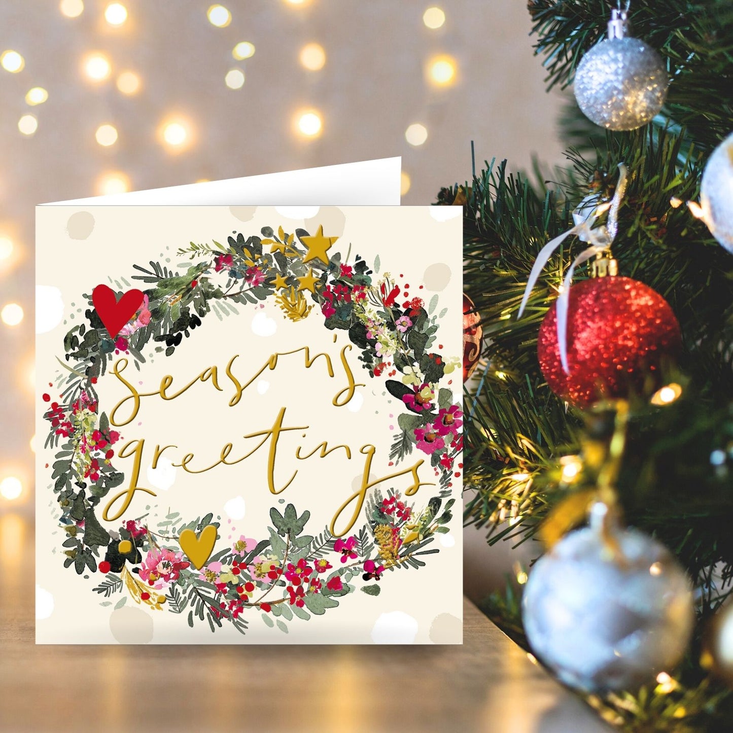 Artistic Christmas Card Gold Foiled Wreath Season's Greetings Xmas Greetings