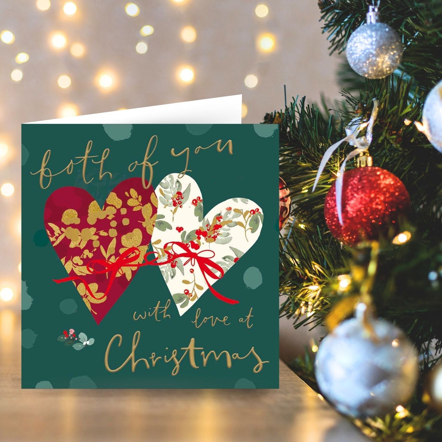 Both Of You Christmas Card Artistic Foiled Love Hearts Wreath Xmas Greetings