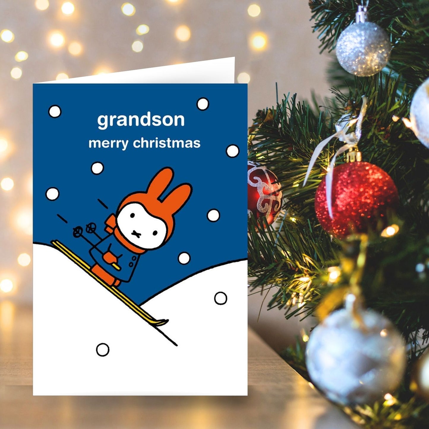 Miffy Grandson Christmas Card Cute Cartoon Bunny Skiing Childs Xmas Greetings