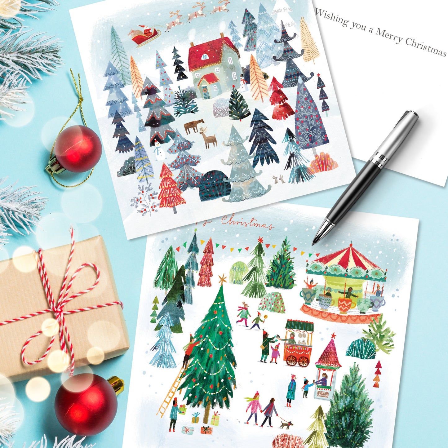 Box of 16 Festive Cottage & Fair Christmas Cards In 2 Designs