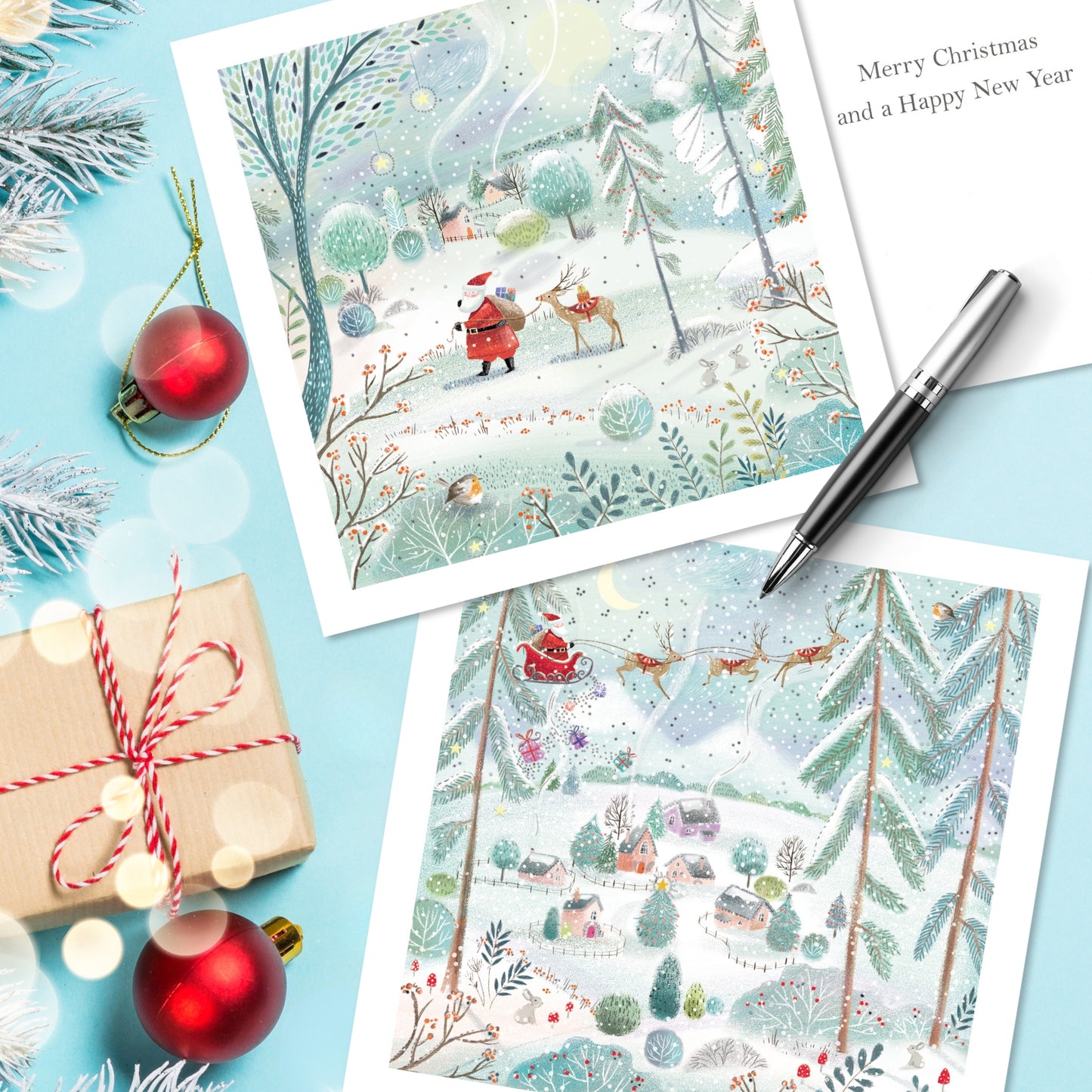 Box of 12 Santa & Reindeer Luxury Foiled Christmas Cards In 2 Designs