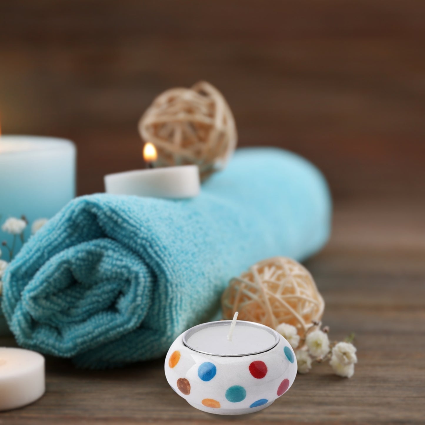 Multicoloured Polka Dot Ceramic Tealight Holder & Candle Gift
