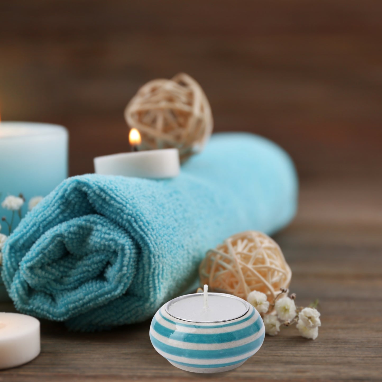 Teal Blue Striped Ceramic Tealight Holder & Candle Gift