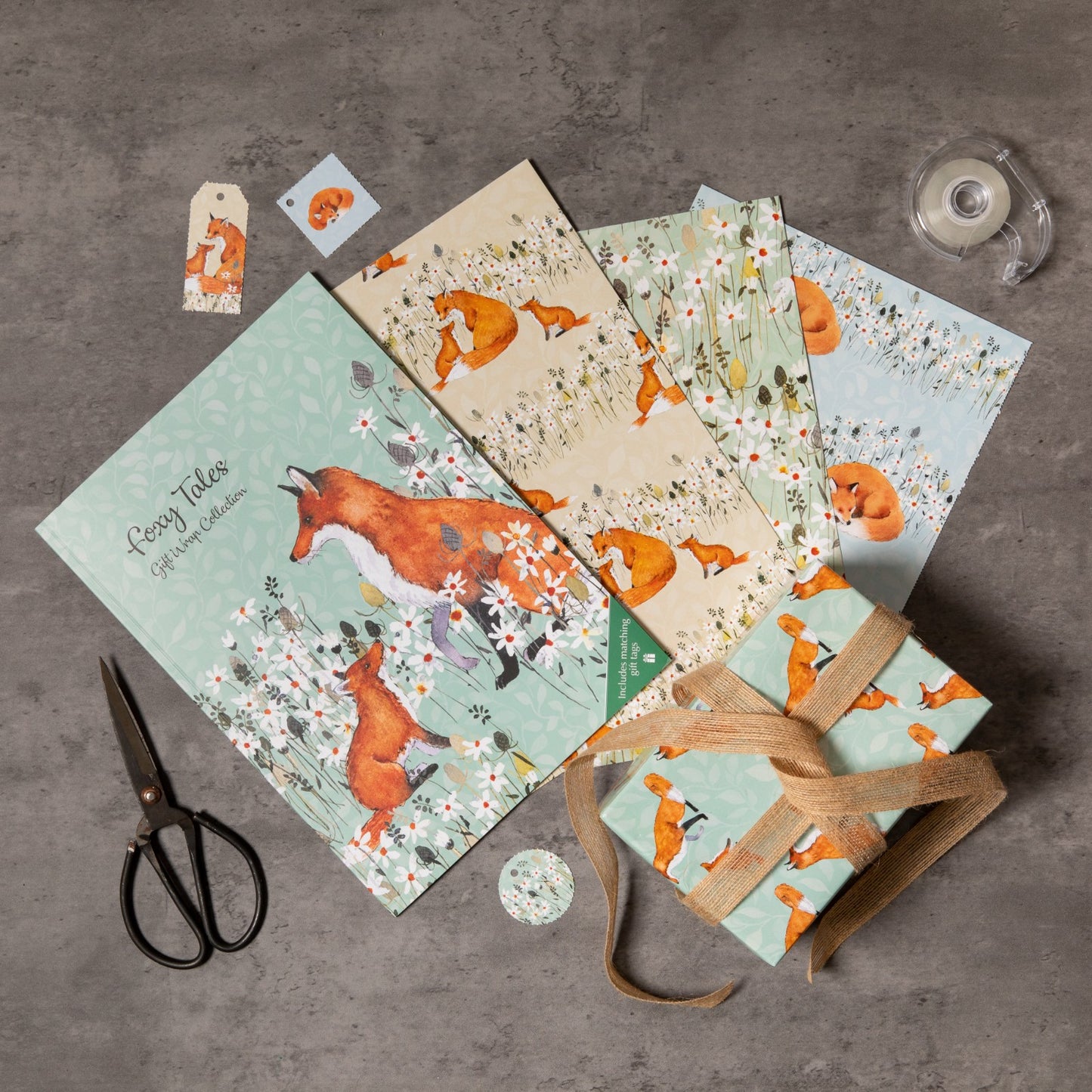 Gifted Stationery Gift Wrap Collection Foxy Tails Design Wrapping Paper & Tags