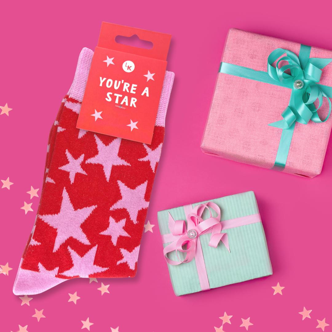 Snazzy Socks You're A Star Red & Pink Ladies Socks Size 4-7 Novelty Sock Gift
