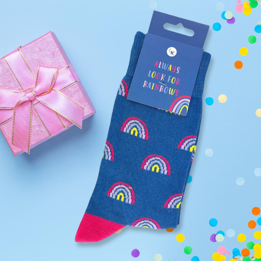 Snazzy Socks Always Look For Rainbows Ladies Socks Size 4-7 Novelty Sock Gift