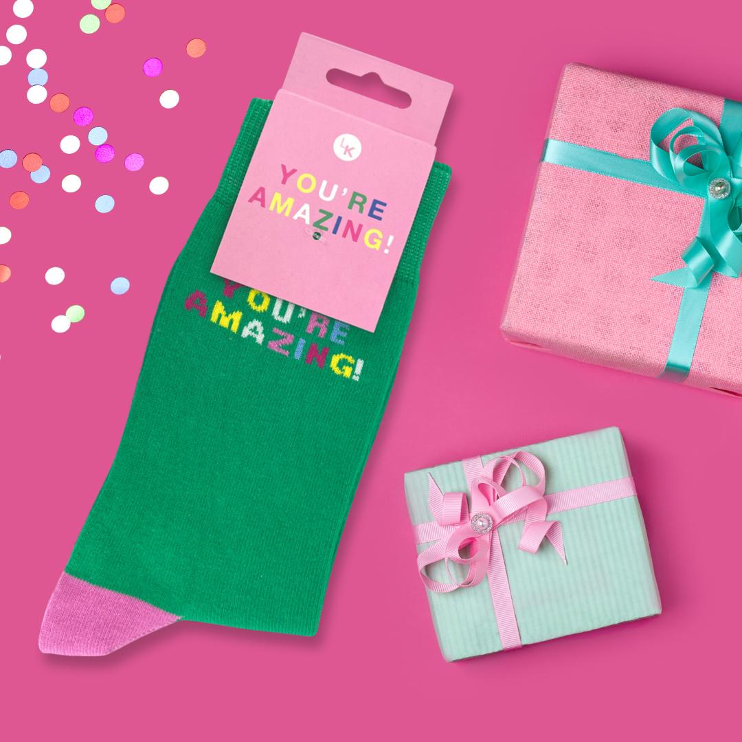 Snazzy Socks You're Amazing! Green Ladies Socks Size 4-7 Novelty Sock Gift