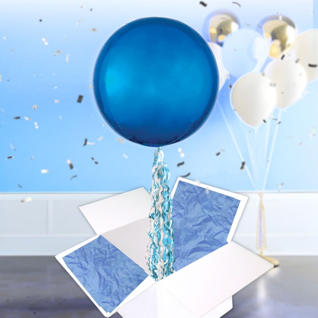 Floating Bold Blue Balloon In A Box With Tail Surprise Gift - Personalise It!