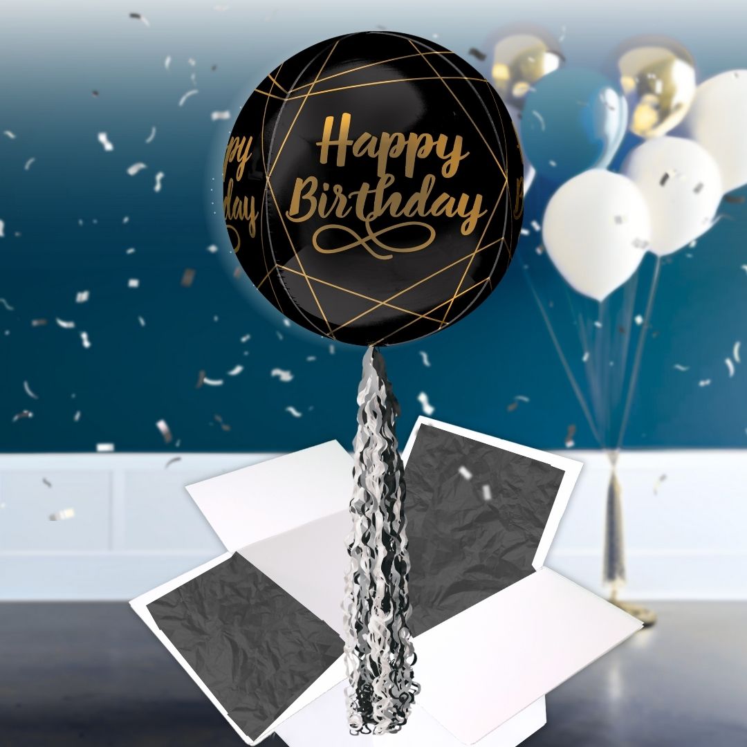 Floating Elegant Birthday Black Balloon In A Box With Tail Surprise Gift - Personalise It!