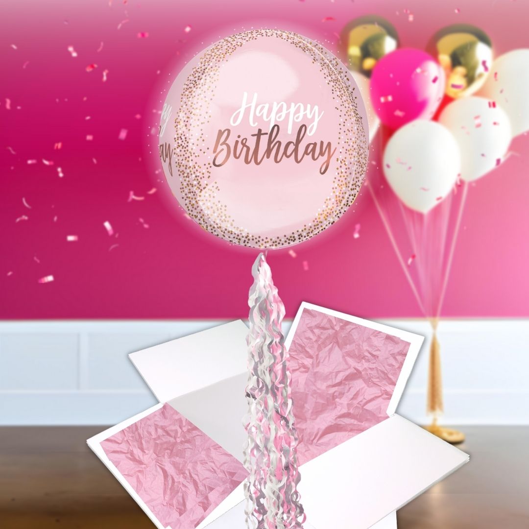 Floating Blush Pink Happy Birthday Balloon In A Box With Tail Surprise Gift - Personalise It!