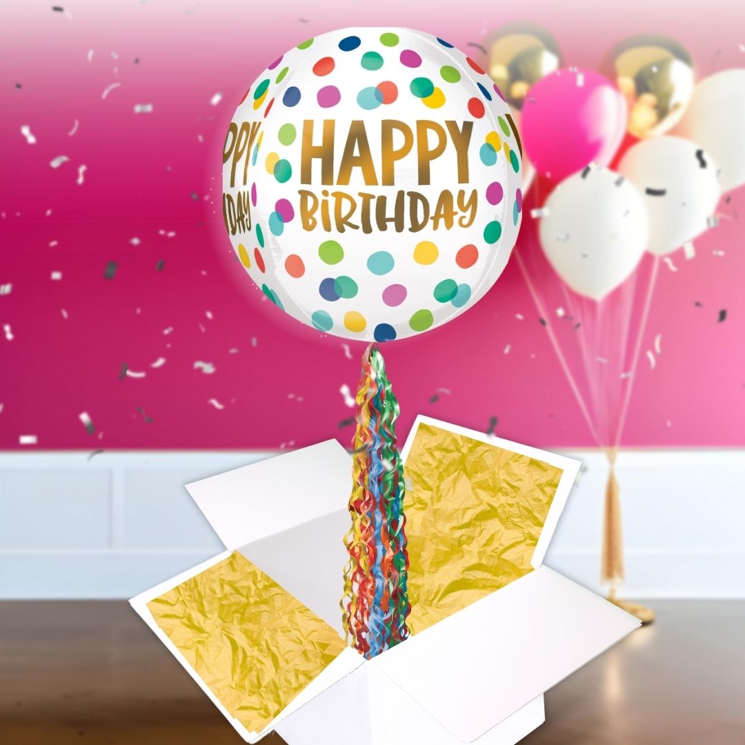 Floating Happy Birthday Polka Dots Balloon In A Box With Tail Surprise Gift - Personalise It!
