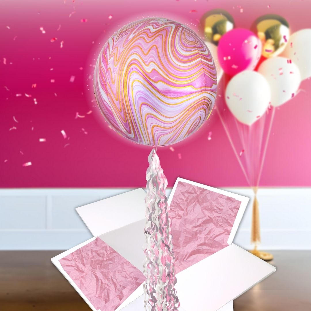 Floating Opulent Pink Marble Balloon In A Box With Tail Surprise Gift - Personalise It!