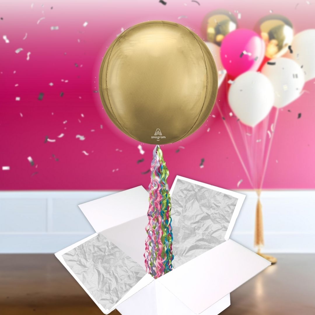 Floating White Gold Balloon In A Box With Tail Surprise Gift - Personalise It!
