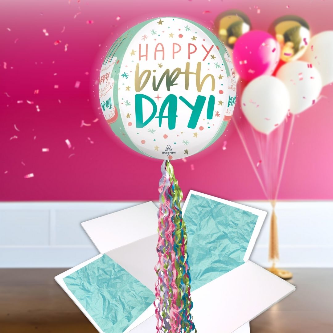 Floating Cake Happy Birthday Balloon In A Box With Tail Surprise Gift - Personalise It!
