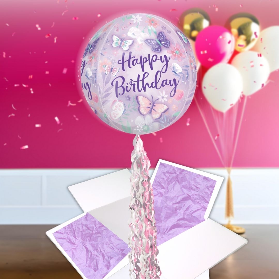 Floating Butterfly Happy Birthday Balloon In A Box With Tail Surprise Gift - Personalise It!