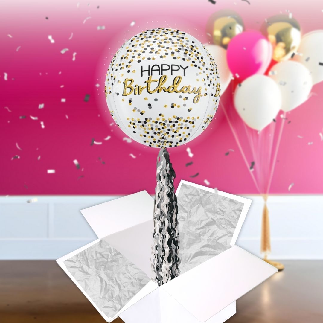 Floating Shimmering Happy Birthday Balloon In A Box With Tail Surprise Gift - Personalise It!