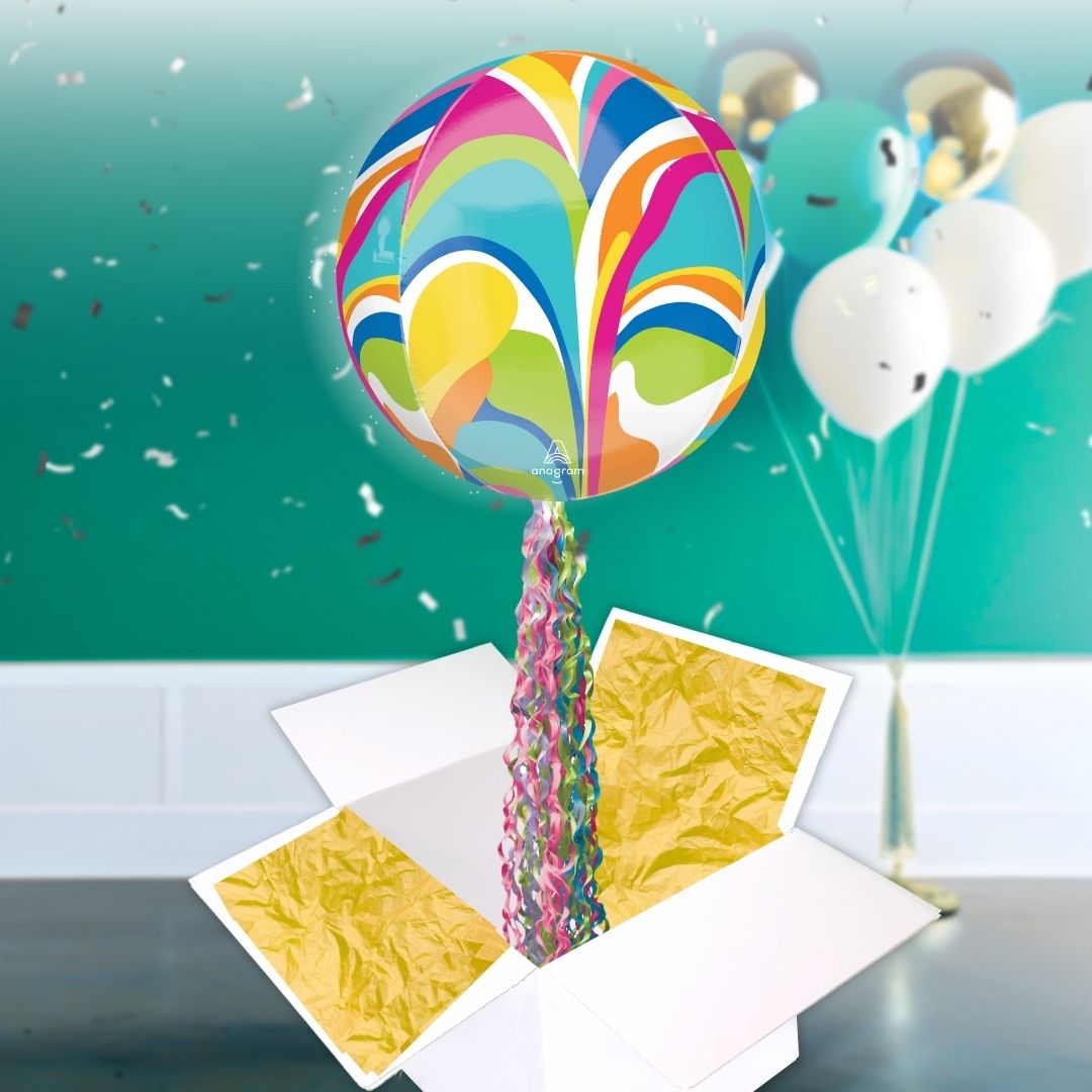 Floating Vibrant Macro Marble Balloon In A Box With Tail Surprise Gift - Personalise It!