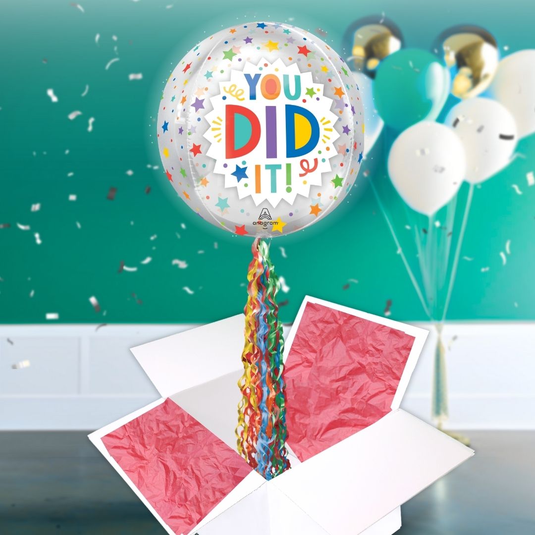 Floating You Did It! Celebration Balloon In A Box With Tail Surprise Gift - Personalise It!