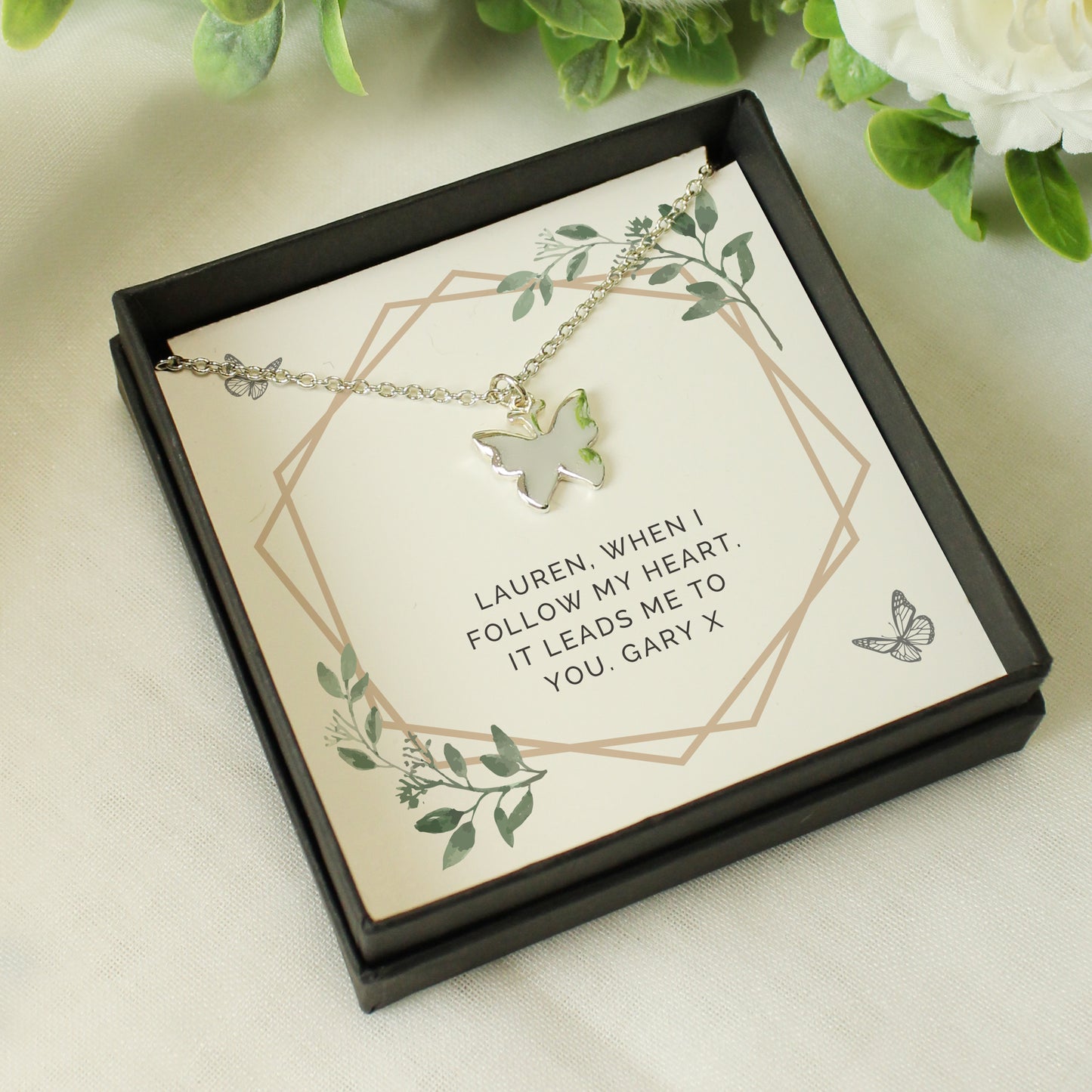 Personalised Botanical Sentiment Butterfly Necklace and Box - Personalise It!
