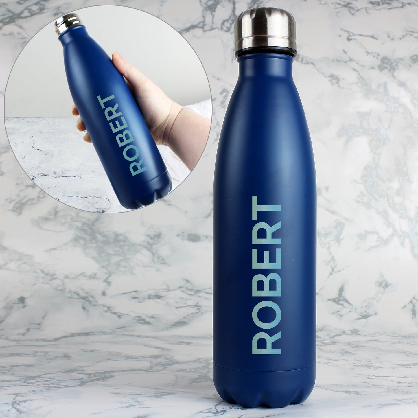 Personalised Bold Name Blue Metal Insulated Drinks Bottle - Personalise It!