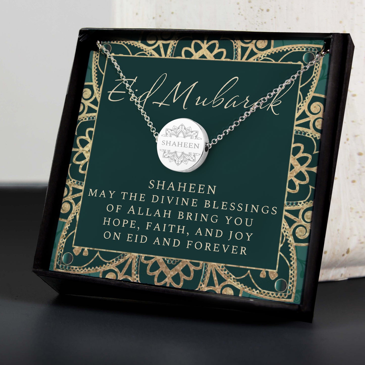 Personalised Sentiment Eid Moon & Star Sterling Silver Necklace and Box - Personalise It!