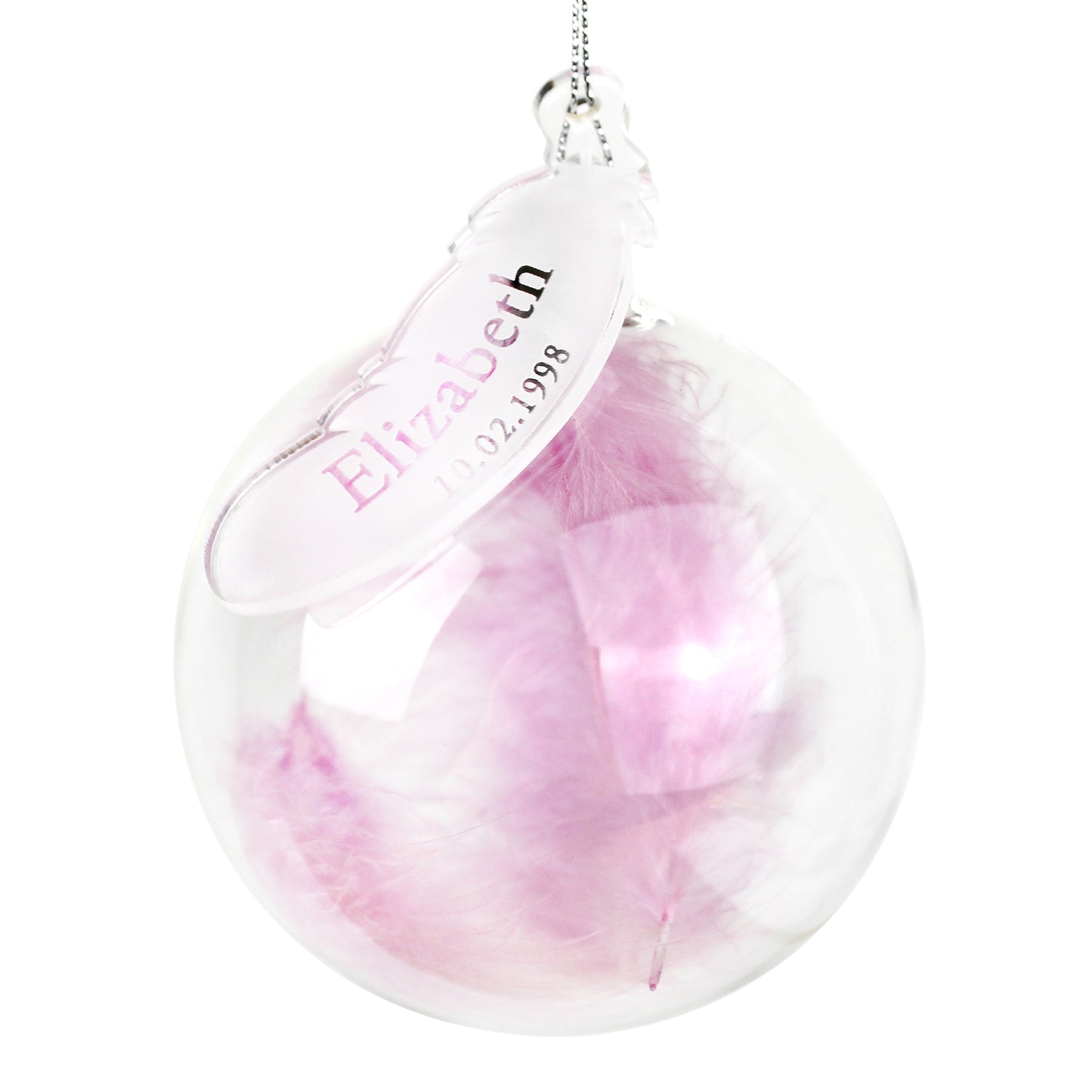 Personalised Name & Date Pink Feather Glass Bauble - Personalise It!