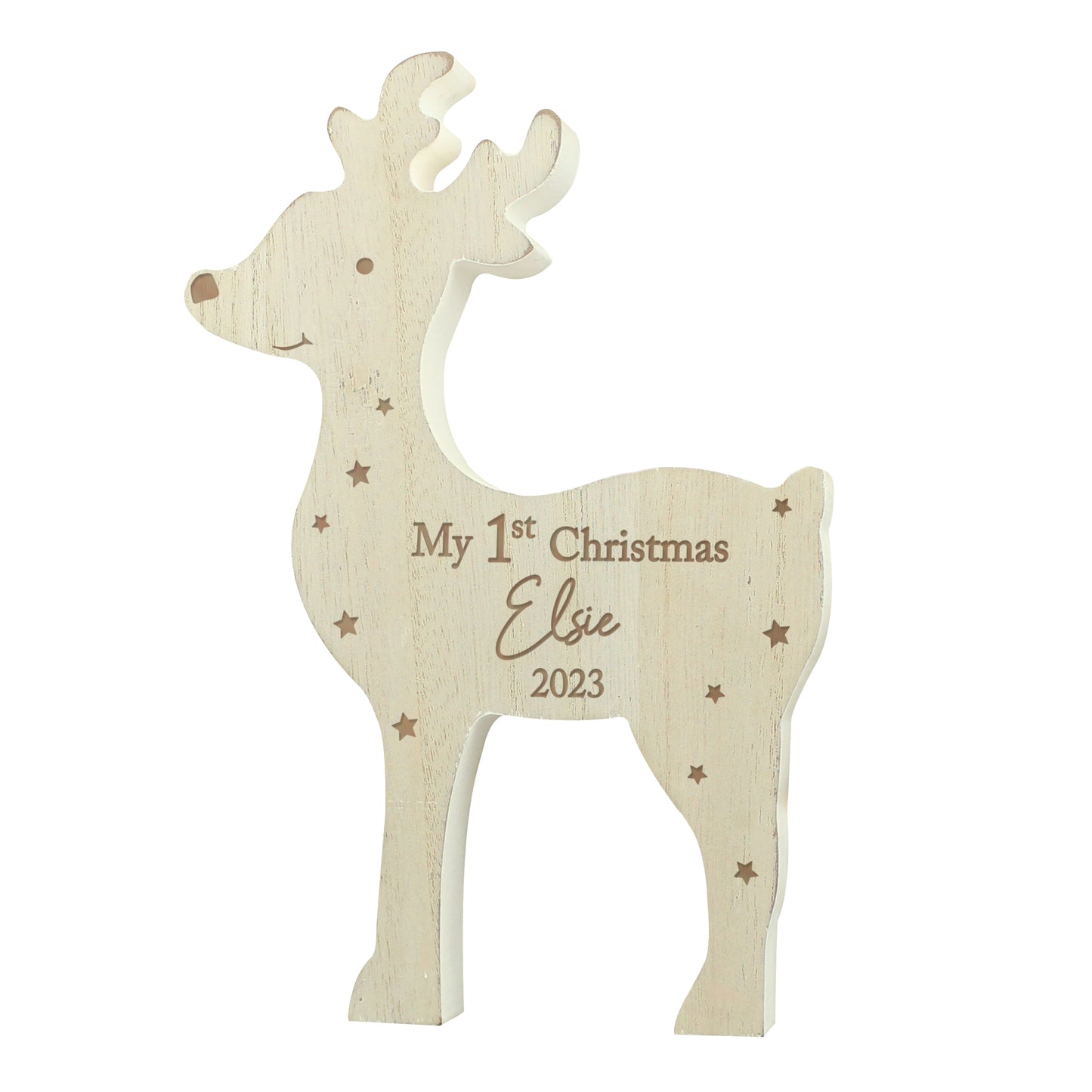 Personalised '1st Christmas' Rustic Wooden Reindeer Decoration - Personalise It!