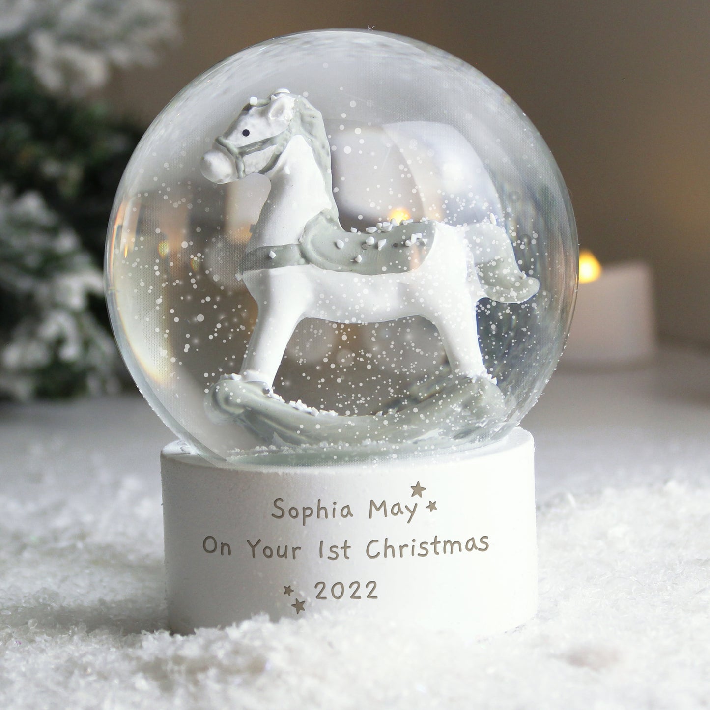 Personalised Free Text Rocking Horse Glitter Snow Globe - Personalise It!