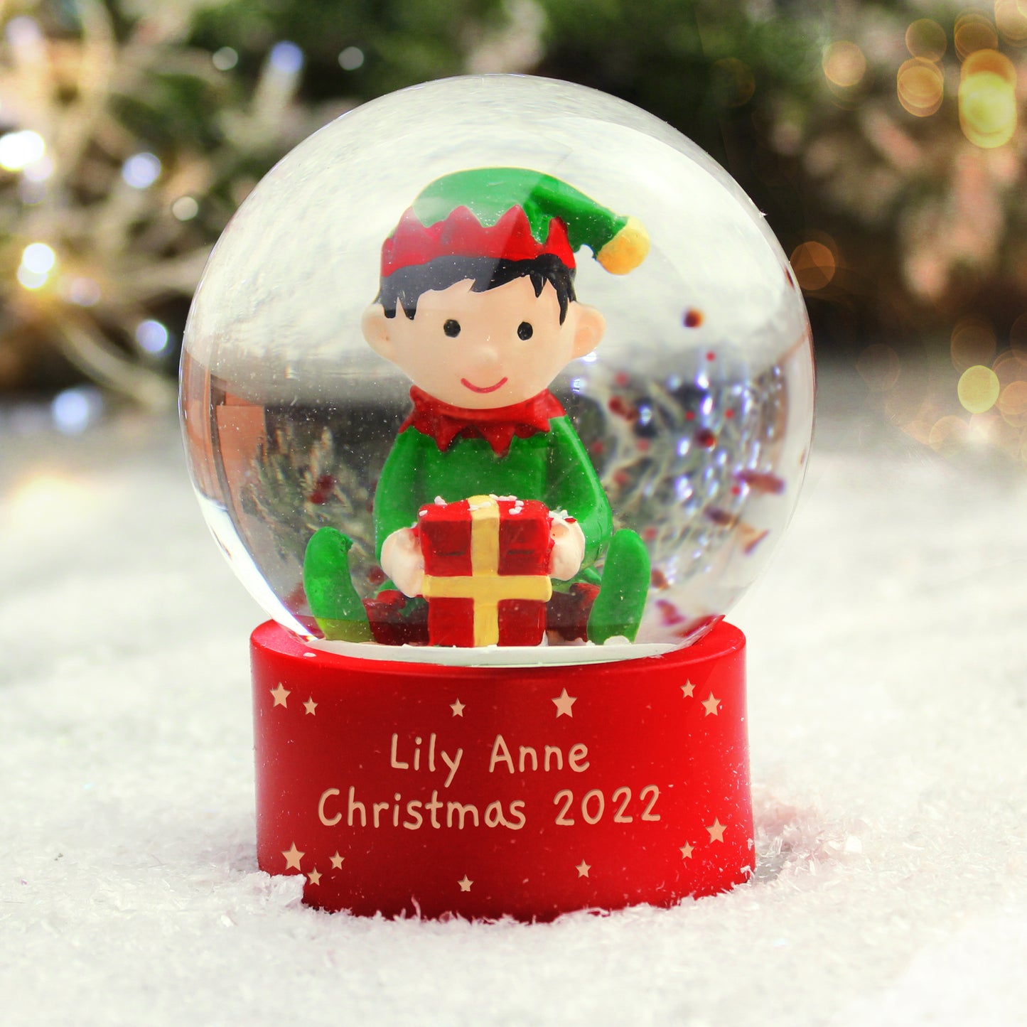 Personalised Message Elf Glitter Snow Globe Tree Decoration - Personalise It!