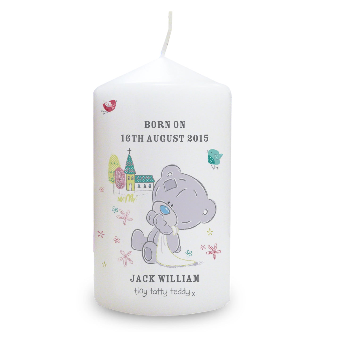 Personalised Tiny Tatty Teddy Christening Candle - Personalise It!
