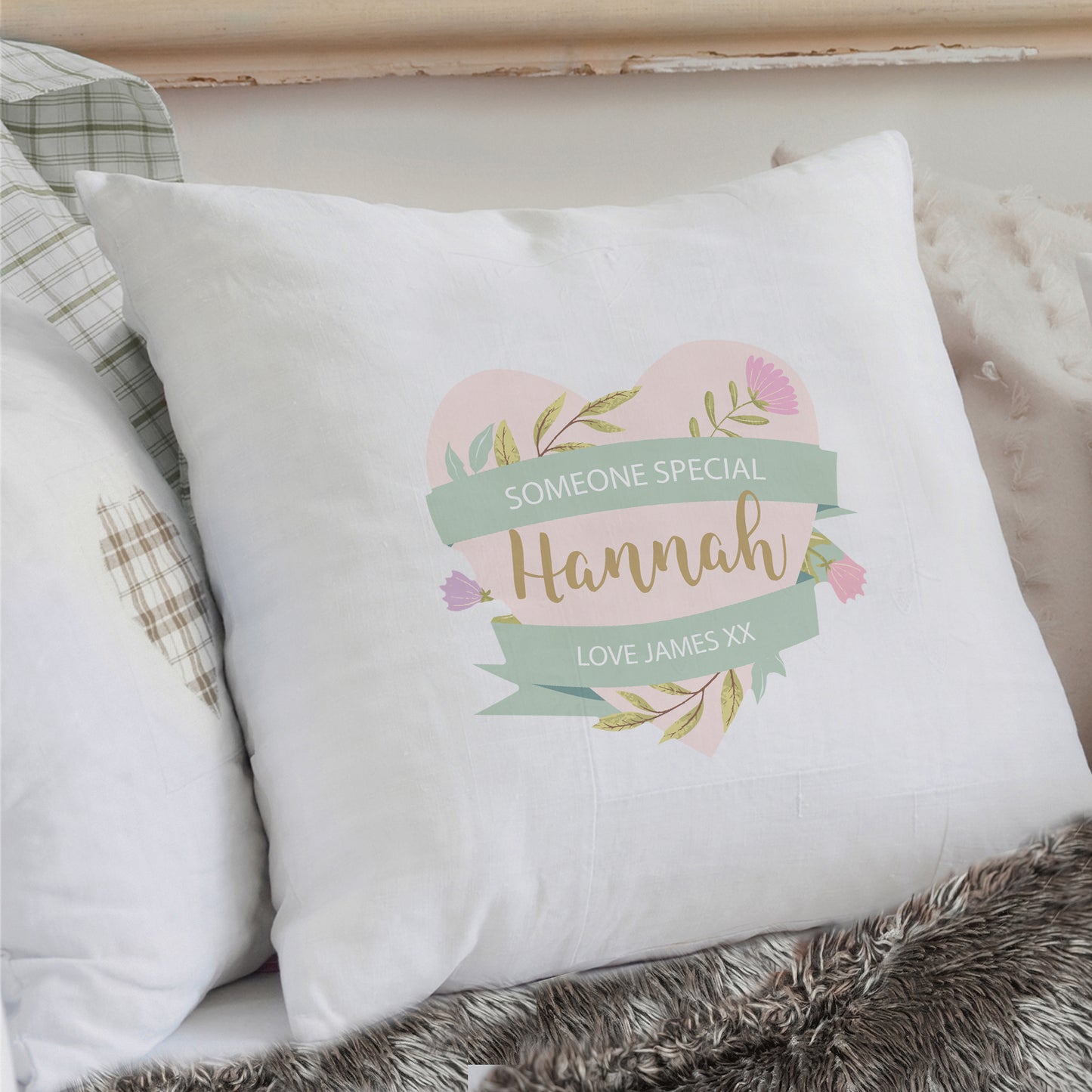 Personalised Floral Heart Mothers Day Cream Cushion Cover - Personalise It!