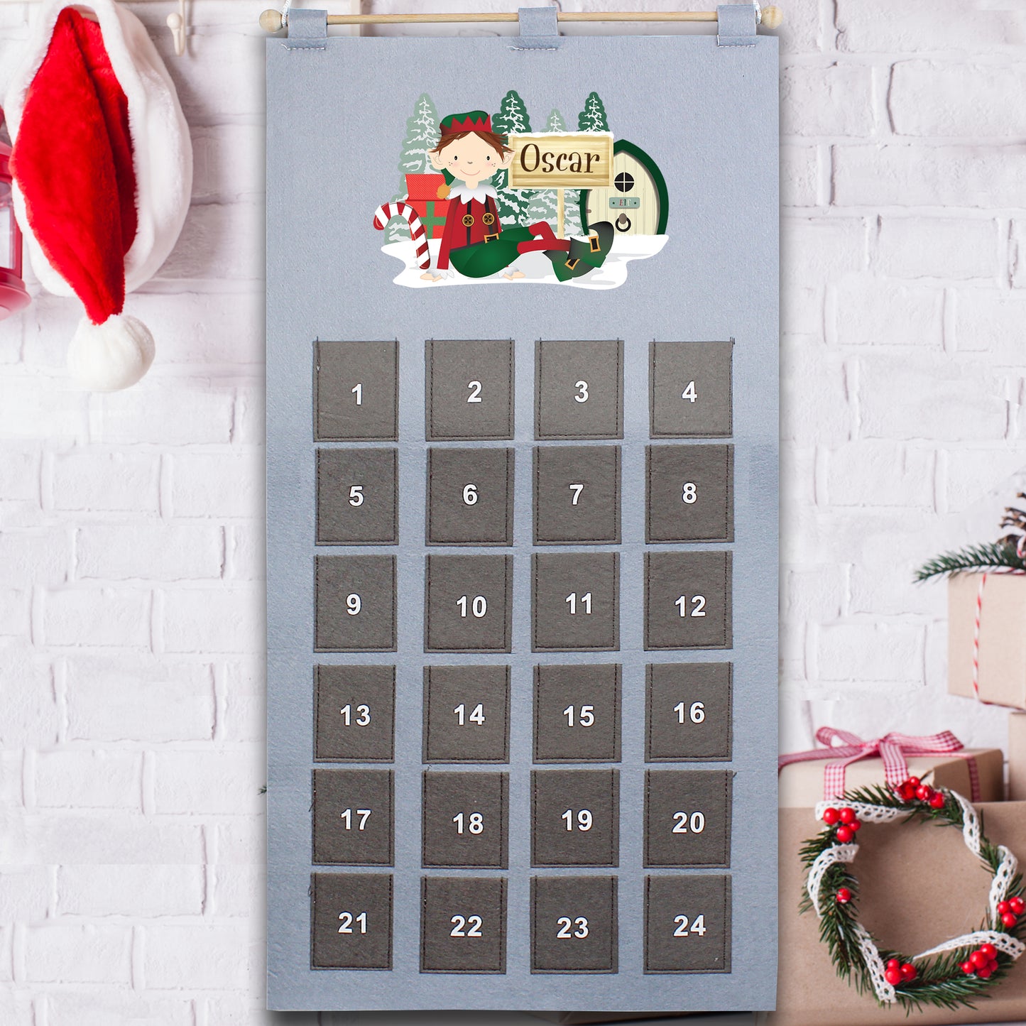 Personalised Elf Advent Calendar In Silver Grey - Personalise It!
