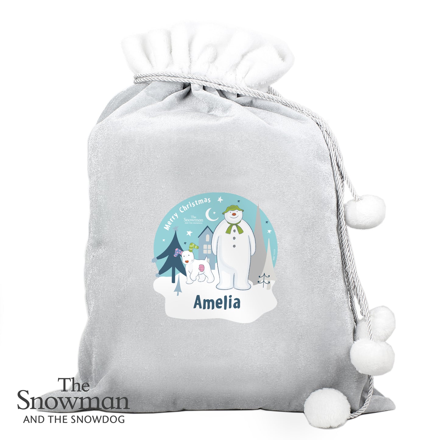 Personalised The Snowman and the Snowdog Luxury Silver Grey Pom Pom Sack - Personalise It!